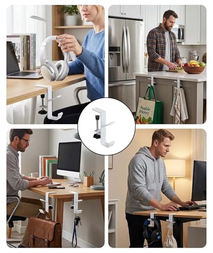 Image of Headphone Stand, Dual Hook Headphone Holder for Desk with Table Clamp, Under Desk Headset Stand Bag Hanger for Gaming and Office Setup, WhiteAlloy Construction