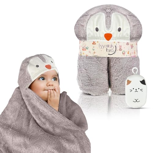 Essentials Ibiza Capa de Baño con Capucha para Bebe y Esponja Regalo | Toalla Albornoz Bebé 100% Algodón Bambú Súper Suave | Recién Nacido Unisex Niños y Niñas de 0 a 4 años (Pingüino)