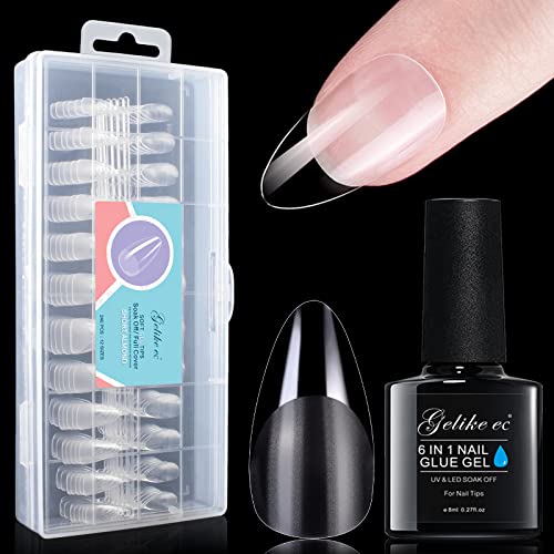 Gelike EC Soft Gel Full Cover Tips Kit with 240Pcs Clear Short Almond Soft Gel Tips and 6 in 1 Nail Glue Gel