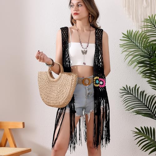 Image of Women's Floral Crochet Hollow Out Sleeveless Fringe Boho Retro-Look Handmade Cardigan Vest Tassels