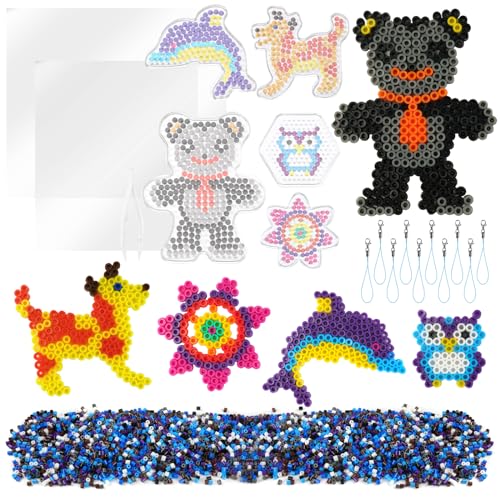 AUAUY Cuentas para Planchar, 4000PCS Cuentas y Abalorios Hama Beads, 5mm Kit de Cuentas de fusibles con Dibujo, Plantilla, Papel de Planchar, Llavero, Clip, Regalo de CumpleañOs para NiñOs y NiñAs