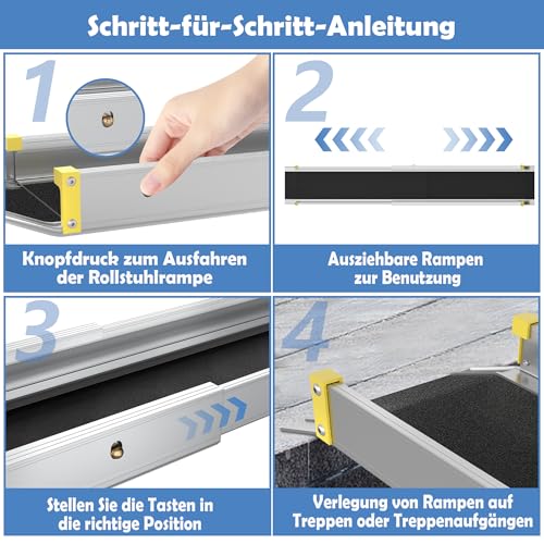 UISEBRT 2 x Rollstuhlrampe für Rollstuhl Teleskop Rollstuhlrampe Aluminium Auffahrrampe Verstellbare Teleskoprampe Ladenkapazität für Treppe bis 300 kg (75.5-122cm)