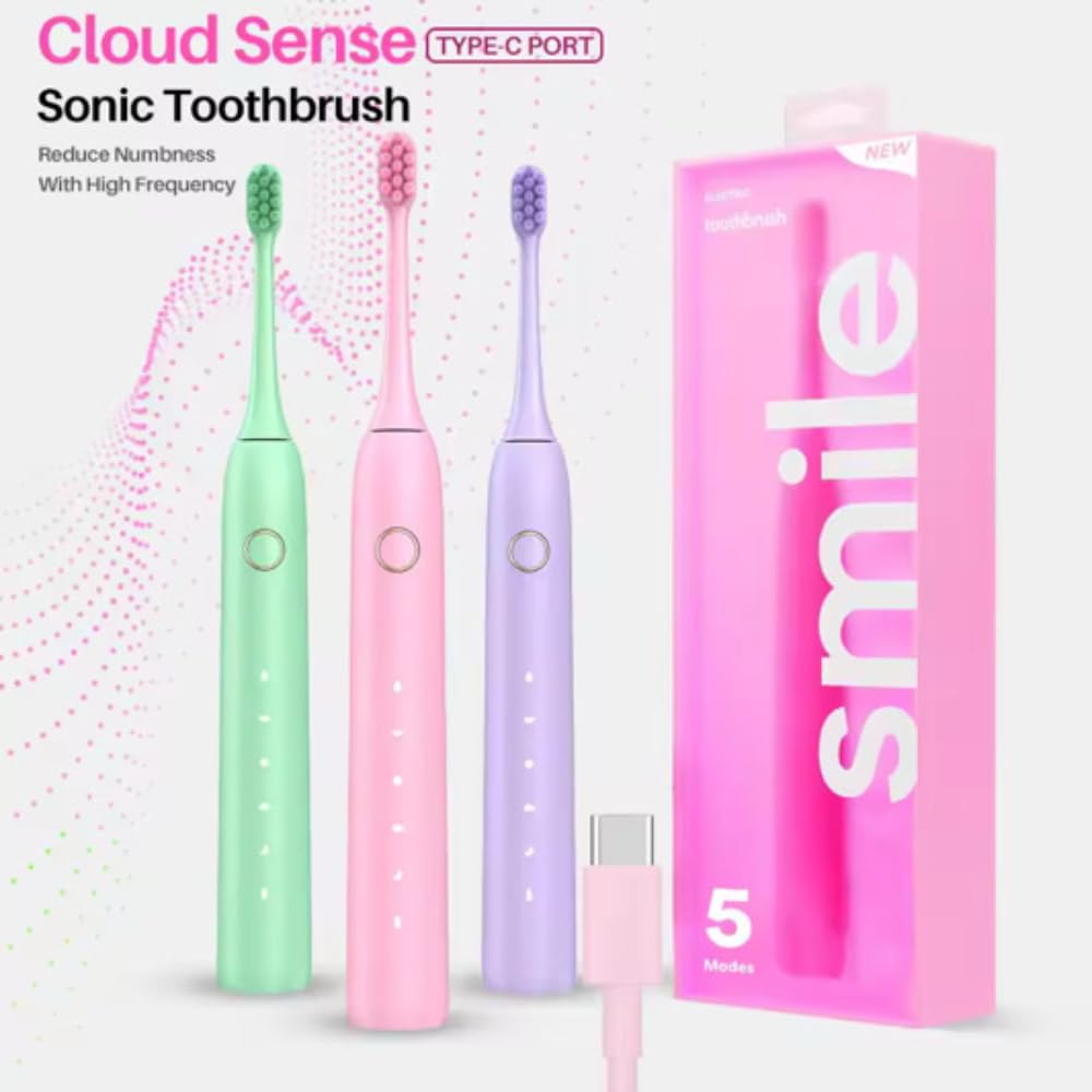 Sonic Cepillo de dientes eléctrico | Cepillo de dientes eléctrico | 43.000 pulsos | Aprobado por dentistas | Batería de 60 días | Carga USB-C | 5 modos | 3 opciones de color (rosa, talla