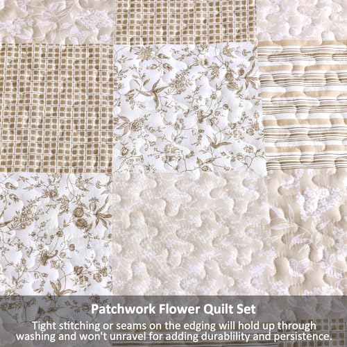 Colcha de retazos reversible de 3 piezas beige para cama queen de microfibra 7