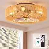 Orison Ceiling Fans with Lights,Rattan Flush Mount Boho Ceiling Fans with Lights and Remote Control, Enclosed Timing 6 Speeds Reversible for Living Room Bedroom Dining Room