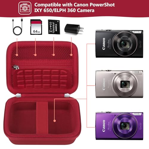 Image of Camera Case for Canon PowerShot ELPH 360 HS A, IXY 650 /ELPH 360 Camera Protective Case Storage Holder Travel Bag with Wrist Strap, Mesh Pocket for Battery Pack, USB Cable, Red