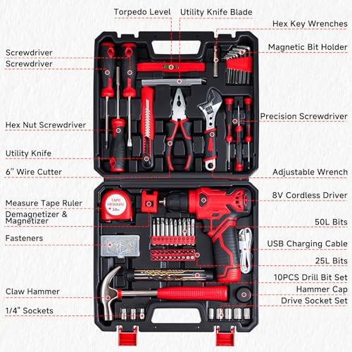 Tool Set - 8V Cordless Drill Kit, 132 Piece Box With Hand Drill, Home Kits for Men & Women, Perfect for Homeowner, Diyer, Handyman