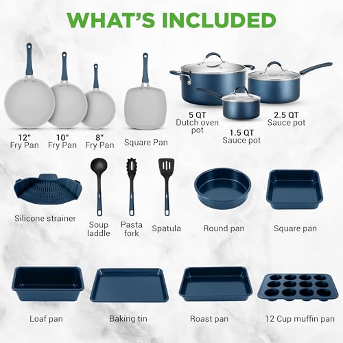 Image of NutriChef Professional 20 Pc Pots and Pans Set Non Stick in Navy Blue - Includes Bakeware & Utensils, Induction Ready, Easy Clean