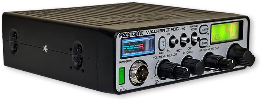 President Walker III FCC AM/FM 40 Channels CB Radio, 7color LCD Display, Weather Channel/Alert, ASC, VOX, Scan Skip, USB Port, Automatic SWR, RF & Mic Gain, ANL/NB, Dimmer, Key/Roger Beep