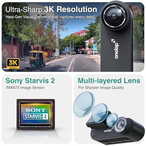 Image of Onelap Vidsure 2 (2026 Front + Rear) - 3K UHD Dashcam for Car | Real STARVIS 2 IMX675 (Super Night Vision) | 5MP 3K UHD Front | 2MP 1080p FHD Rear | 3.2 inch LCD | 5.8Ghz WiFi | HDR