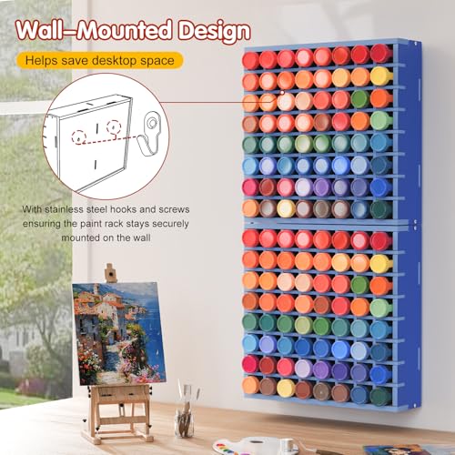 Image of Krafetto 2 Pack 64 Grids Paint Organizer Storage Rack, Wall-mountable Craft Paints Holder, Paint Bottle Organizer Rack Stand for 2 oz Acrylic Craft Paints, Blue