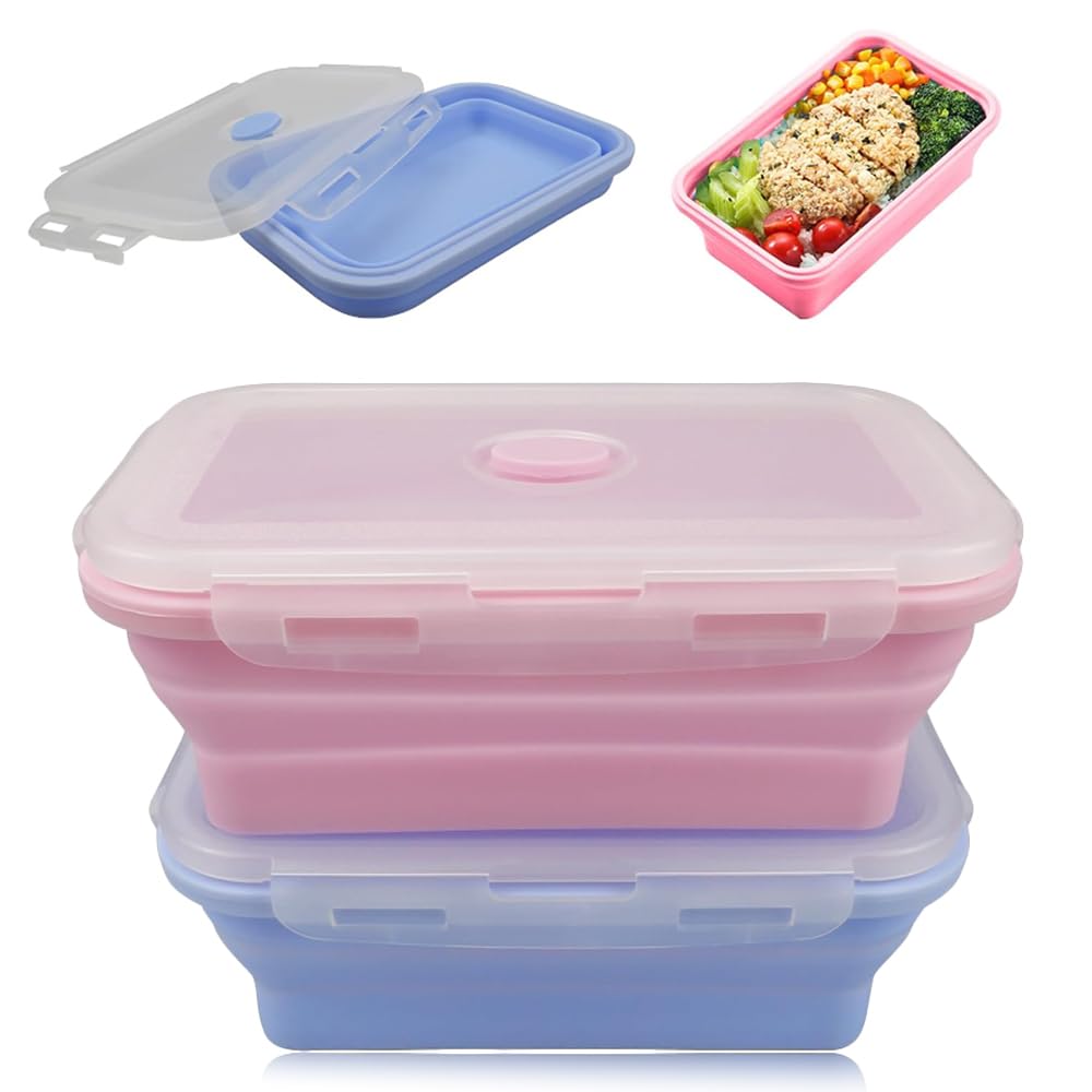 YZDZSW Collapsible Silicone Food Storage Container, 2 Pcs Silicone Food Storage Containers, 800ml Collapsible Food Container Collapsible Lunch Box for Freezer and Dishwasher (Pink Blue)