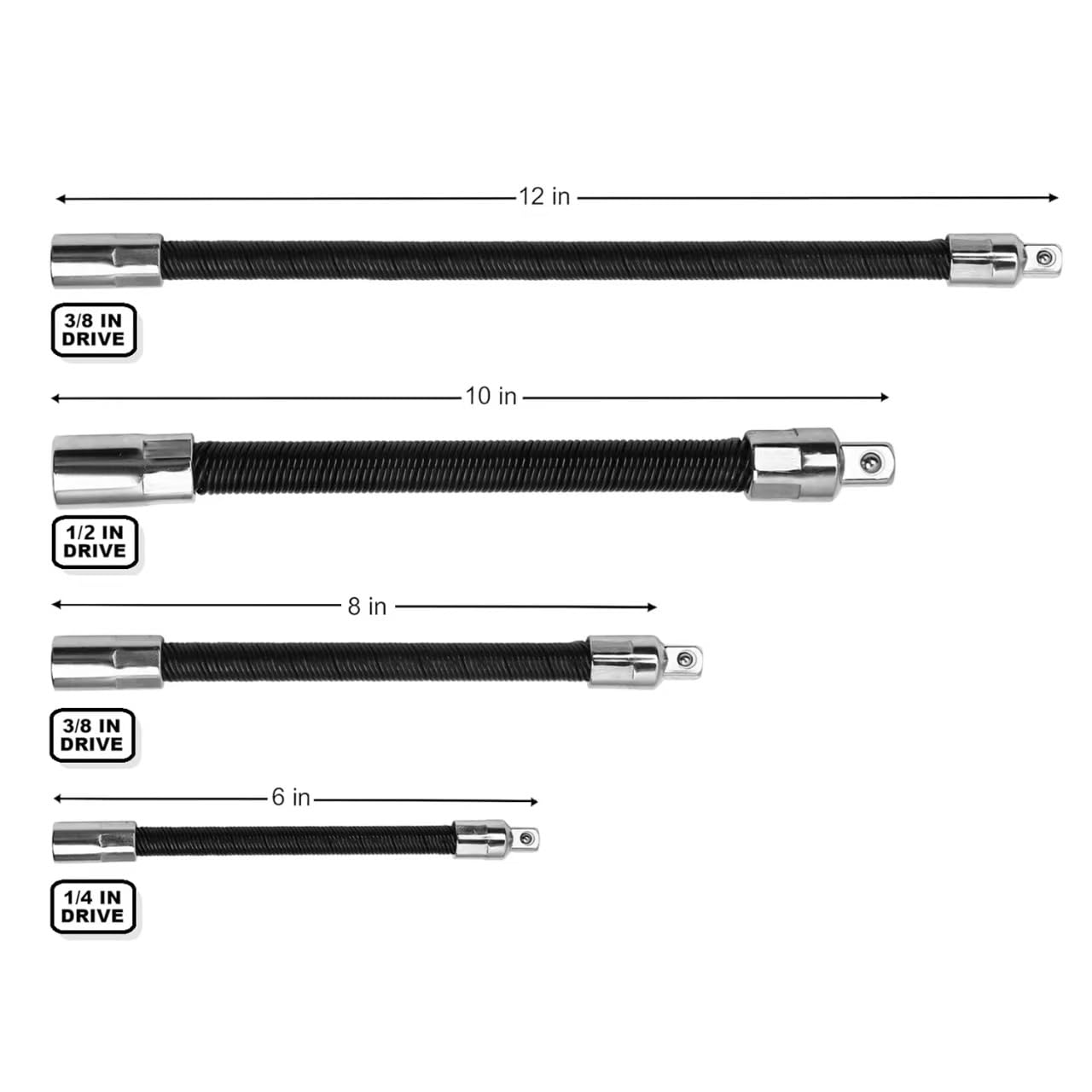 FTIHTRY Set di 4 barre di estensione flessibili per bussola, attacco da 1/2", 1/4", 3/8", 30,5 cm, 20,3 cm, 15,2 cm