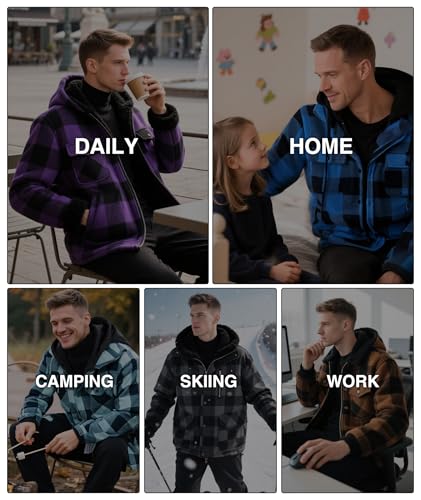 ZITY Mens Sherpa Flannel Shirt Jacket Plaid Fleece Lined Hoodie Full Zip Long Sleeve Winter Warm Coat for Men4