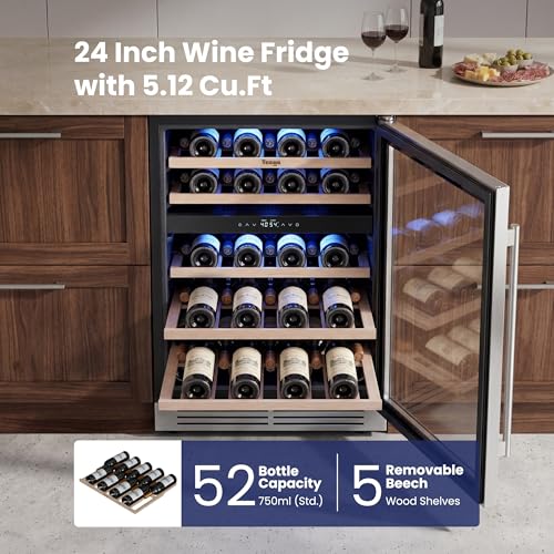 Image of Yeego 24 Inch Wine Cooler - 52 Bottles Wine Fridge Dual Zone, 40-65F Wine Refrigerator with Glass Door, Freestanding Built-In or Under Counter Adujustable Shelves Fridge for Home Bar Kitchen Office