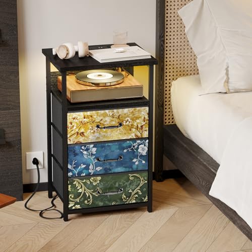 Image of Fixwal Night Stand with Charging Station, LED Nightstand with U-S-B Ports and Outlets, 3 Fabric Storage Drawers with PU Finish, Bedside Table, Vintage Flower