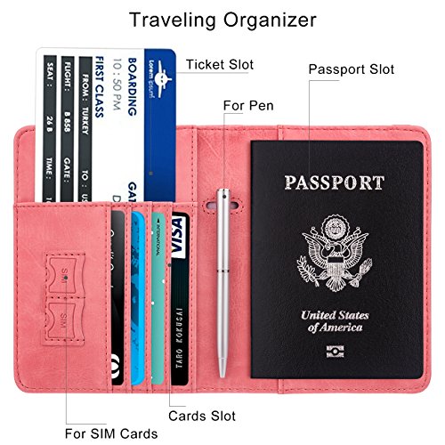 Image of WALNEW Passport Holder for Travel, RFID Passport Cover Wallet for Women Men, PU Leather Passport Book Card Holder Case with Pen, Travelling Essentials for Flying