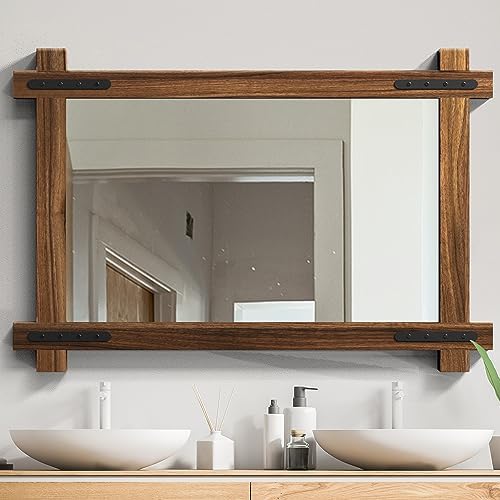Amazon.com: YOSHOOT Farmhouse Wood Bathroom Mirror, 40"x30" Rustic Wall ...