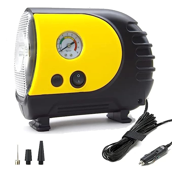 TANTRA MTS-27 Car Tire Inflator Portable Air Compressor, 12V DC 150PSI Tyre Pump with Analogue Pressure Gauge and LED Light (Yellow)