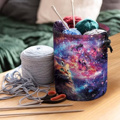Image of Sellikakes Small Yarn Bag Yarn Holder Crochet Organizer, Cat Galaxy Crocheting Storage Bag, Knitting Bag Yarns Store Skein Ball, Crochet Project, Knitting Supplies