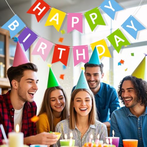 Image of Happy Birthday Banner Sign, Birthday Garland Wall Door Hanging Banners Flag for Women Men Boys Girls Party Backdrop Decorations, Personalized Name Banner White Letters Multicolor