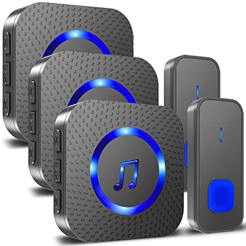 SURFOU Wireless Doorbell with 3 receivers 2 Buttons,IP55 Waterproof Doorbell,1300 FT/400M Remote Doorbell,55 Chimes 5 Volume,Colorful LED Flashing,110 db Loud Volume,For Home/Classroom