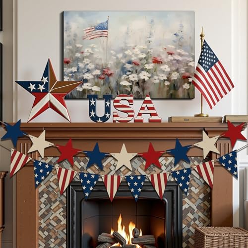 Image of Framed American Flag Wildflower Wall Art, Patriotic Floral Canvas Art Pictures, USA Flag Wall Decor for Living Room Bedroom Office, Ready to Hang Made in USA