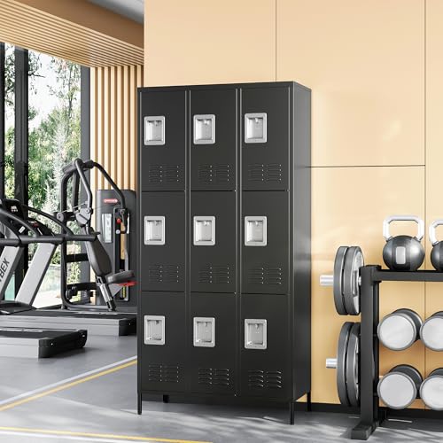 Image of Metal Locker with 9 Doors Employees Locker, Metal Storage Locker with Hooks, 71 inch Storage Cabinet Lockers for Employees, Home, Office, Gym Requires Assembly (9 Doors, Black)