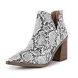 FISACE Womens Pointed Toe Stacked Mid Heel Ankle Boots V Cut Back Zipper Faux Leather Booties