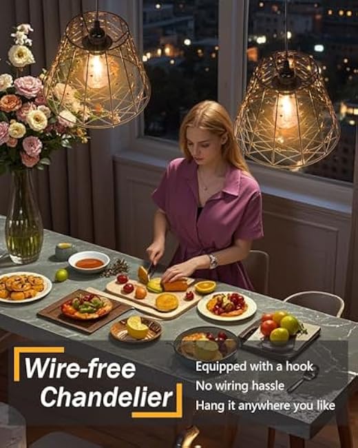 Battery-Operated Chandelier Hanging-Pendant-Lights with Trumpet Shades Copper Wire