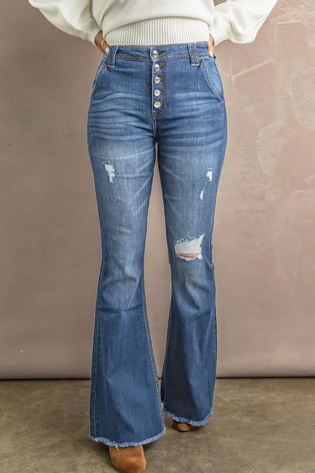 High Waisted Flare Jeans for Women Stretchy Wide Leg Distressed Raw Hem Buttonfly Denim Pants 2024 Fall Fashion2