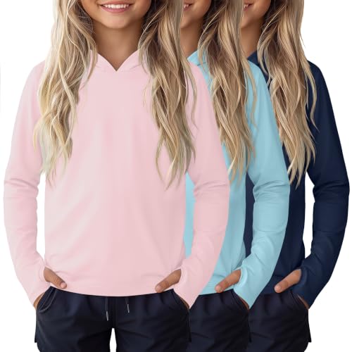Image of 3 Pack Girls Sun Protection Swim Shirts UPF 50+ Long Sleeve Rash Guard Lightweight Quick Dry Hoodies with Thumbhole