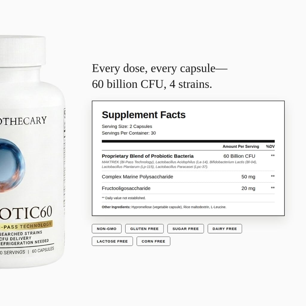 Probiotic 60 Billion CFU 4 Strains with MAKTREK Bi-Pass Technology, Lactobacillus Acidophilus, Prebiotic Fiber, Digestive & Gut Health Support, 60 Capsules — Amazon image 4