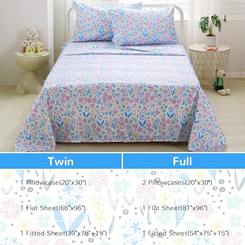 Image of Viviland 3 Pieces Girls Purple Floral Twin Sheet Set - Soft Microfiber Fitted Flat Sheets & Pillowcase - Purple Colorful Flower Print Bedding Sets - for Kids & Toddlers
