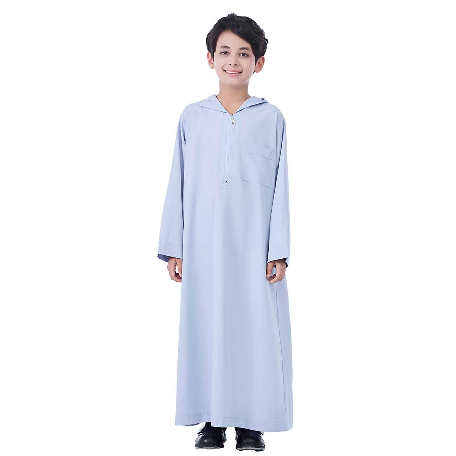 Eid ubrania dla chłopców z długim rękawem z kapturem biały Thobe zamek muzułmański szlafrok wygodny islamski arabski dubaj hidżab szlafrok Jubba na meczet Eid ul-Fitr nabożeństwa i uroczystości
