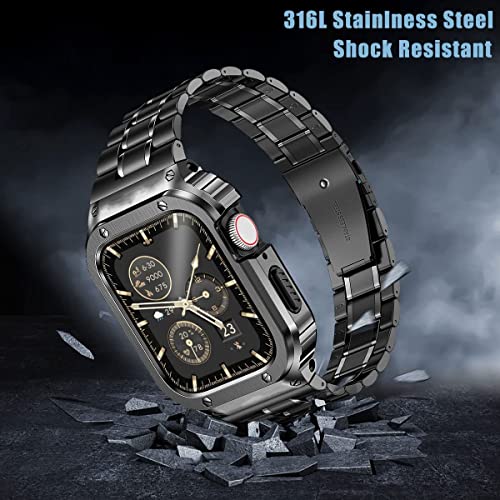 MioHHR Stainless Steel Watch Band with Case Compatible for Apple Watch Bands 42/44 mm,Rugged Strap with Metal Protective Bumper Cover for iWatch Series 6/5/4/SE/3/2/1 for Men(Black) - Image 2