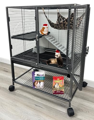 Deluxe Two Tiers Small Animal Critter Cage Tight 1/2-Inch Bar Spacing Water Bottle Food Bowl Feisty Ferret Hammock Chinchilla Rat Mice Squirrel Rabbit Sugar Glider Easy Clean Pull Out Grate Tray