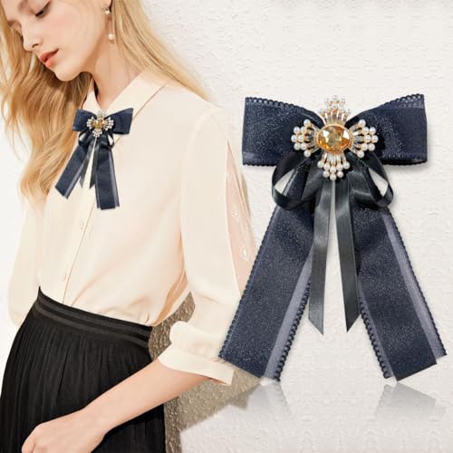 Image of Retro Chic Ribbon Bow Tie Brooch Pins for Women Girls Uniform Pre-Tied Bowknot Corsage Party Ceremony Accessories