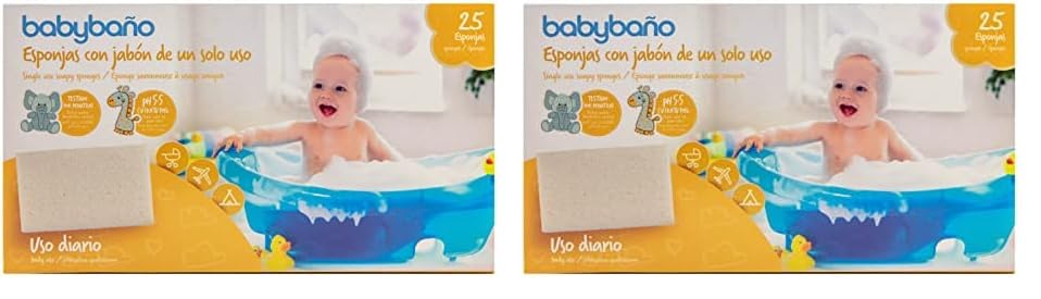 Babybaño Esponja Jabonosa Desechable para Bebés y Niños de 0 a 3 Años. Esponja de Baño de Un Solo Uso con Gel Pediátrico y Dermatológico. Envase Individual. 25 Unidades (Paquete de 2)