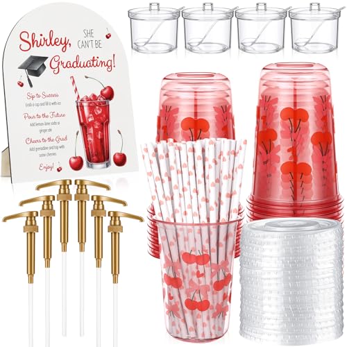 Hushee 111 Pcs Graduation Shirley Temple Bar Supplies Graduation Party Decoration Include 1 Wooden Shirley Bar Sign 4 Sugar Jars 6 Syrup Pumps 50 Pink Cherry Plastic Cups with Lids and 50 Straws