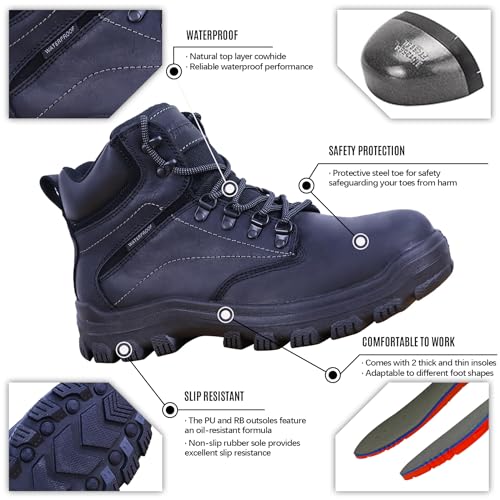 Image of Mens Non Slip Steel Toe Work Shoes with 2 Different Insoles Waterproof & Oil Resistant ASTM F2413