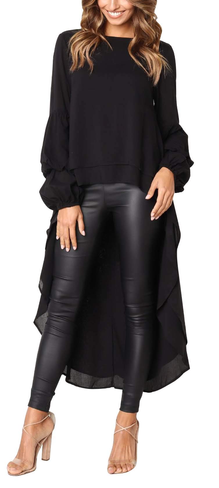 Casual Long Lantren Sleeve High Low Blouse Asymmetric Irregular Hem Loose Fit Tunic Top (Black, S)