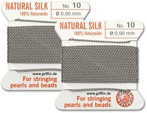 GLZ Griffin - Cordón para cuentas de seda natural, 2 unidades, hilo y aguja, tamaño 10, color gris y plateado