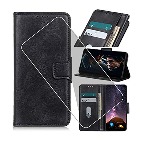 KJYF Funda para Wiko View 4 (6.52'), Silicona Case + Cristal Templado 9H Dureza Protector de Pantalla Alta Definicion Soporte Plegable PU Cuero Flip Cover Prueba de Golpes y arañazos Caso.