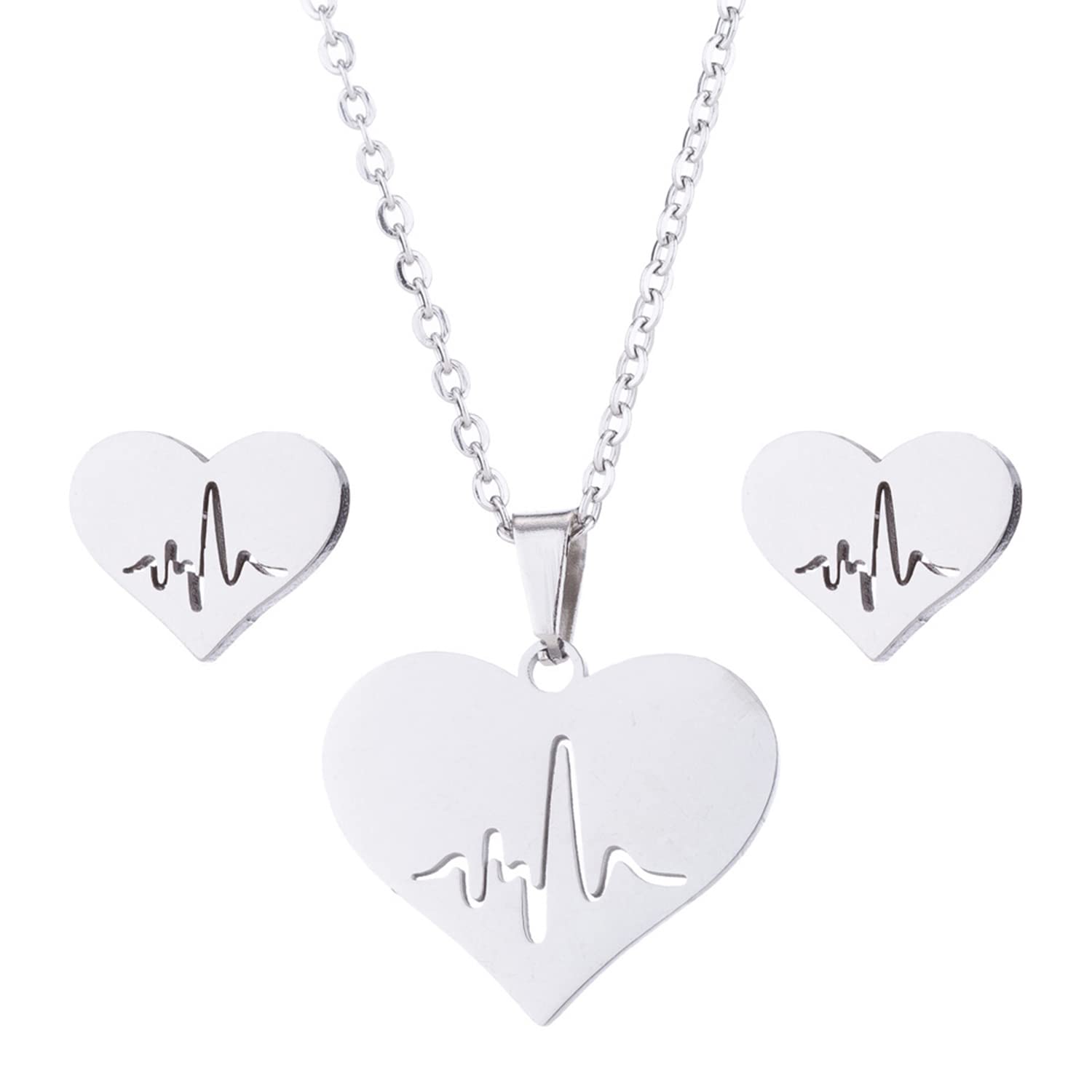 YUNXIPlated Sterling Steel Silver Heartbeat Heart Chain Necklaces and Earrings Jewelry Set for Women
