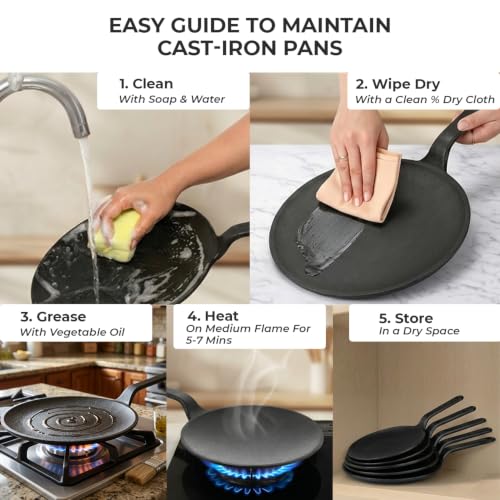 Image of HomeEssentials Premium 26cm Cast Iron Tawa /Dosa Tawa | Flat Griddle with Long Handle | Perfect for Crispy Dosas, Rotis, Chapatis, Paranthas & Pancakes | Heavy-Duty, Induction & Gas Stove Friendly