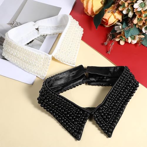 2 Pcs Pearl Fake Collar for Women Detachable Dickey Collar Choker Necklace Faux Collar Simulated Pearl Beaded Bib Clothing Accessory (White, Black)4