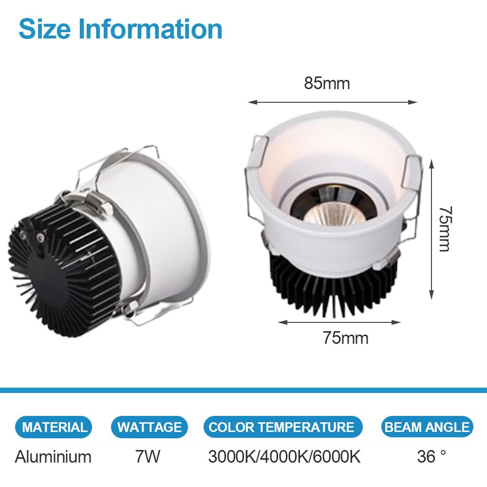 Panel de luz LED Redondo de Aluminio de 7 W, con Deflector, Ultrafino, empotrable, antideslumbrante, luz Diurna, Seleccionable Entre 3000 K/4000 K/6000 K.