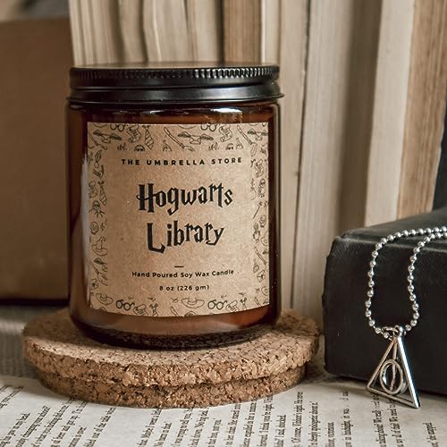 Image of THE UMBRELLA STORE Hogwarts Library Scented Candle, HP Themed Scented Candle, Vegan Hand Poured 100% Soy Wax Candle, Luxury Scented, Home Decor Candle, Woody