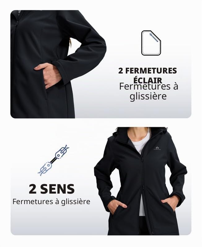 Pioneer Camp Softshell femme longue - vestes de randonnée softshell avec capuche - Imperméable et coupe-vent - Taille réglable - Parka de pluie avec fermeture éclair - Poches pour la randonnée